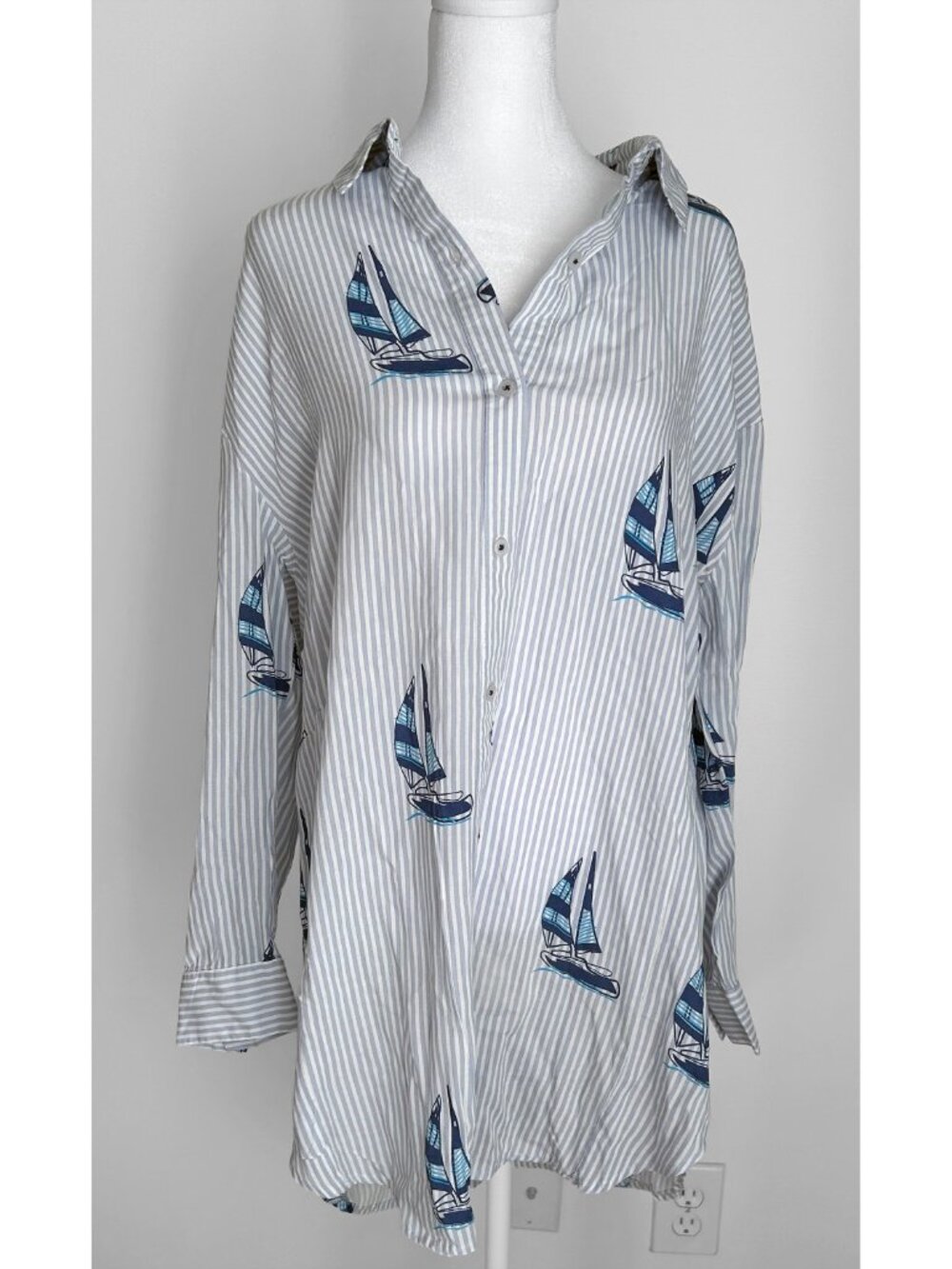 NWT! Blue Island Sailboat Stripe Beach Swim Coverup Shirt Dress, Long Sleeve, M